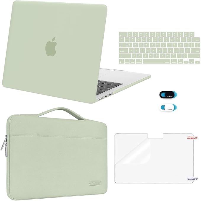 MOSISO Compatible with MacBook Air 13 inch Case 2025 2024 2023 2022 M4 A3240 M3 A3113 M2 A2681, Hard Shell&Sleeve Bag&Keyboard Skin&Webcam Cover&Screen Film for MacBook Air 13.6 inch, Sage Green