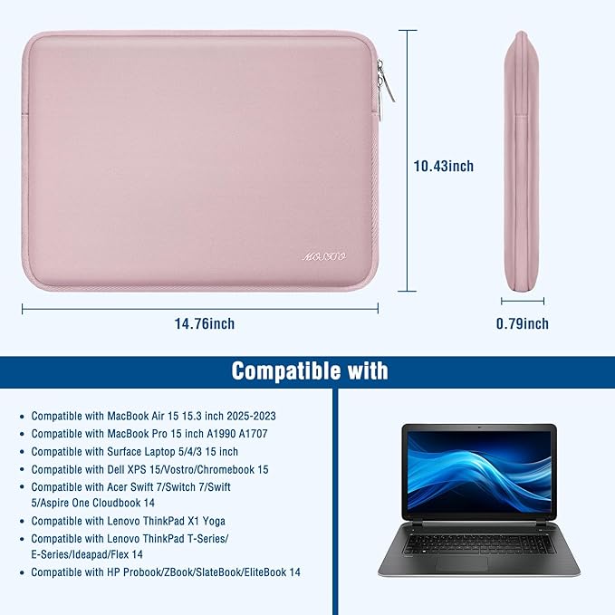 MOSISO Laptop Case 15 inch, 15 inch Laptop Sleeve Bag Compatible with MacBook Air 15 M4 A3241 M3 A3114 M2 A2941 2025 2024 2023, Dell XPS 15, Neoprene Computer Sleeve Bag with Small Case, Baby Pink