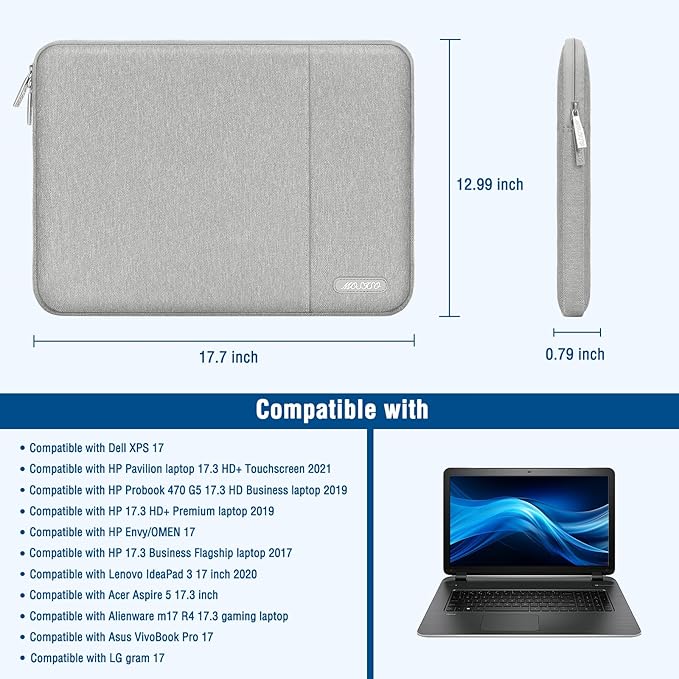 MOSISO Laptop Case 17.3 inch, 17-17.3 inch Laptop Sleeve Compatible with Dell, HP, Lenovo, Asus, Acer, Alienware, Polyester Vertical Computer Sleeve Bag with Pocket, Gray