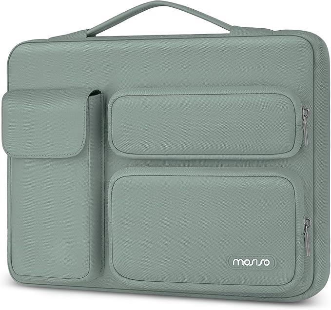MOSISO 360 Protective Laptop Case 15 inch, Laptop Sleeve Compatible with MacBook Air 15 M4 A3241 M3 A3114 M2 A2941 2025-2023, Dell XPS 15, Side Open Bag with 2 Raised&1 Flapover Pockets, Antique Green