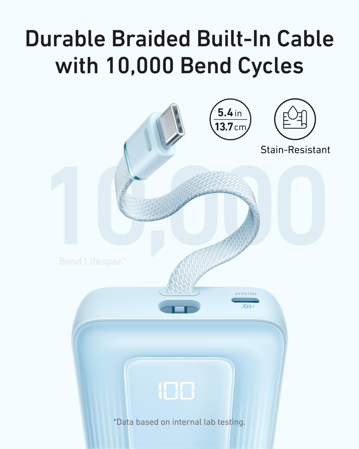 Anker Zolo Power Bank (10K, 30W) with a 5.4-inch (13.7 cm) built-in USB-C cable.